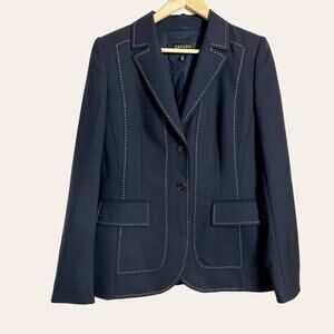 ESCADA Navy White Contrast Stitched Virgin Wool Classic Blazer Jacket Size M